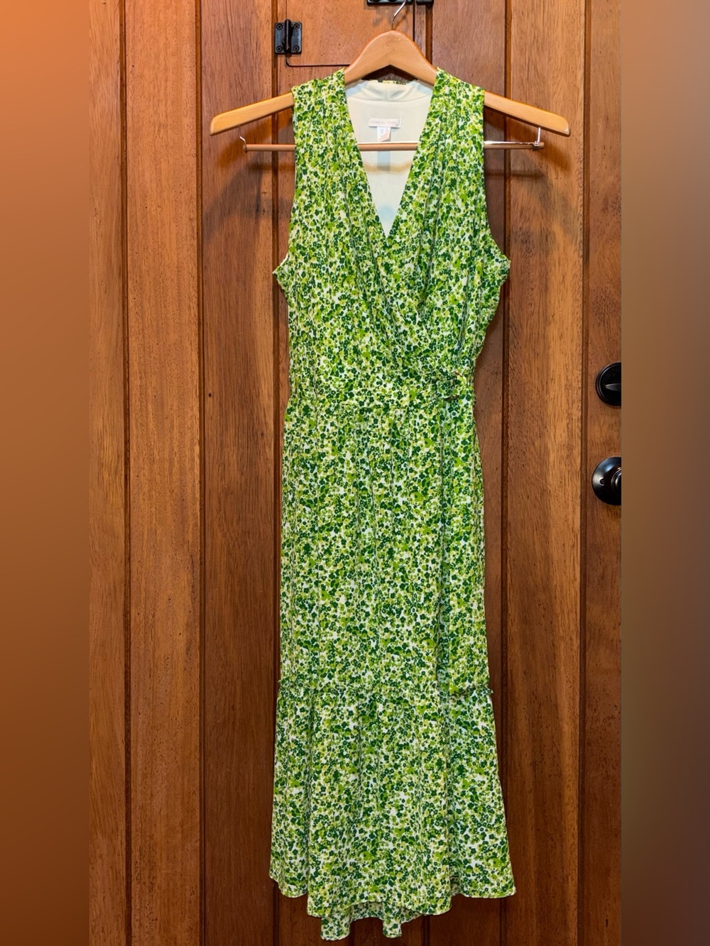 London Times Green Floral V-Neck Sleeveless Wrap Around Maxi Dress